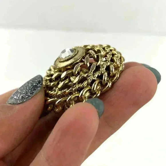 VTG Gold Tone Metal Clip On Earrings CRAFT Signed Rhinestone Center Rope Chain - Picture 6 of 12